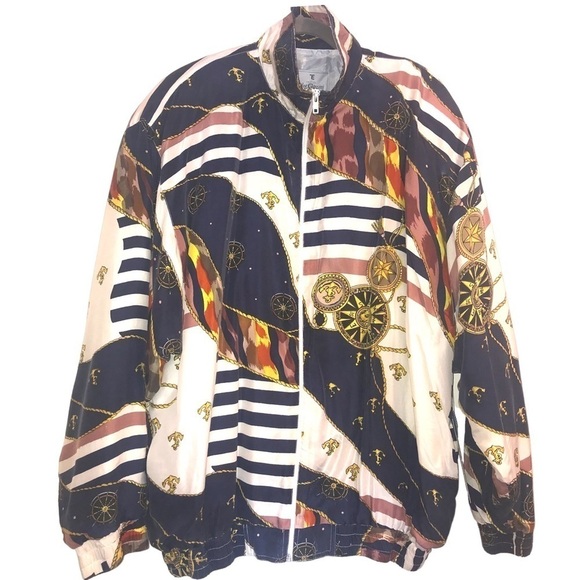 Vintage Oleg Cassini 90’S Silk New Old Stock Nautical Bomber Zip Jacket Mens XL